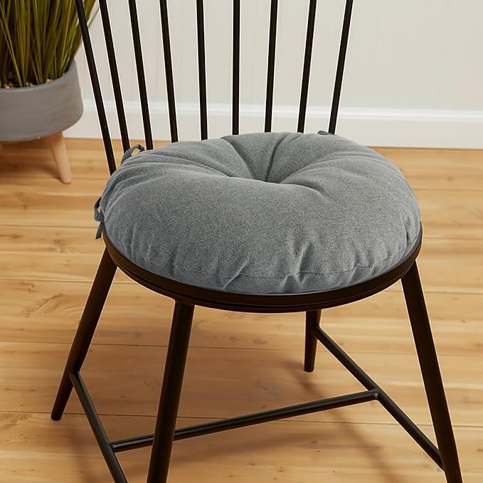 Magpie Fabrics Outdoor 15"x15"x4" Round Bistro Seat Cushions with Ties Set of 2, Tufted Waterproof Patio Floor Chair Pads for Home Garden Balcony Kitchen Office Porch, Dark Grey