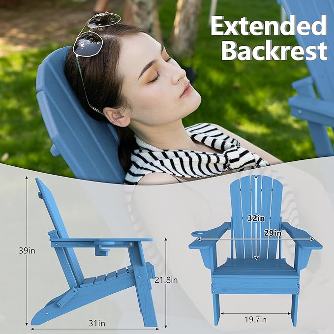 Plawdlik Folding Adirondack Chair Set of 6 with Cup Holder，Wooden Textured ，Heavy All-Weather HDPE Comfortable Set Poolside Backyard Lawn, Light Blue