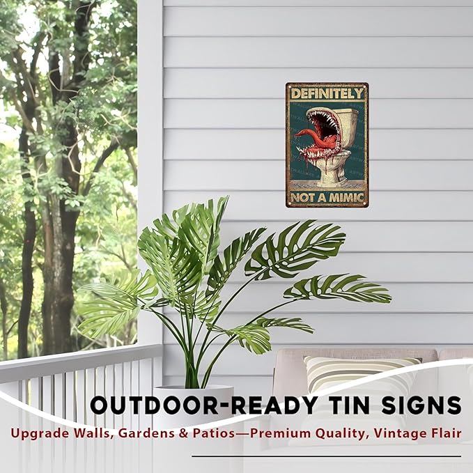 Funny Bathroom Decor Metal Sign “Definitely Not A Mimic Poster” - Vintage Wall Art for Game Room, Man Cave, Bar 8x12 Inch