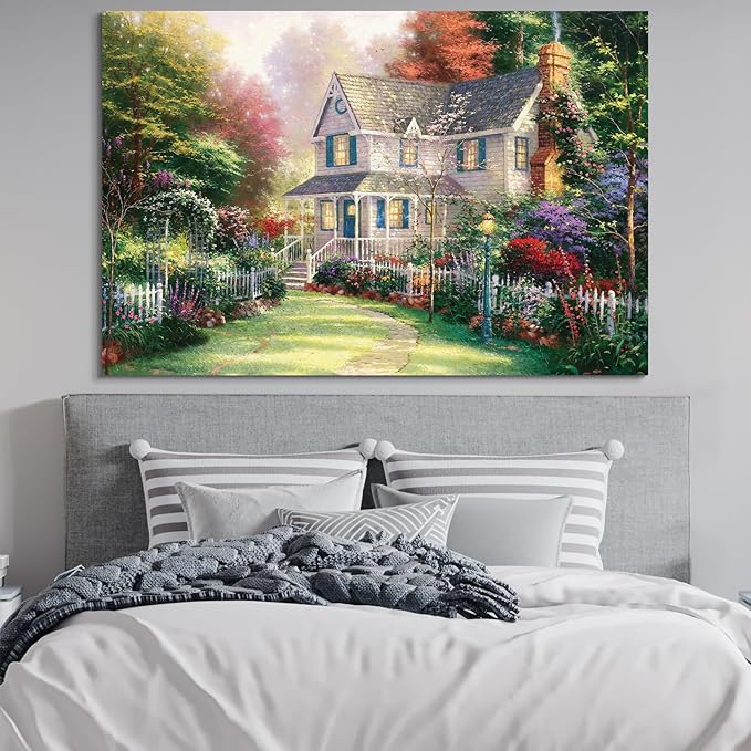 STUDIO HAVEN Thomas Kinkade Canvas Wall Art, White Cottage Sunlit Country Lush Flower Garden Fence and Charming Vibe Oil Painting Poster Rustic Wall Decor, Framed Prints for Home Decor, 40x28Inch