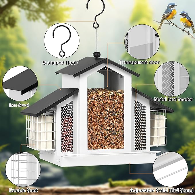 White Metal Bird Feeder Birdhouse, Outdoor Hanging Wild Bird Feeders for Outdoors, Perfect Birdhouses for Outside Bird Lovers