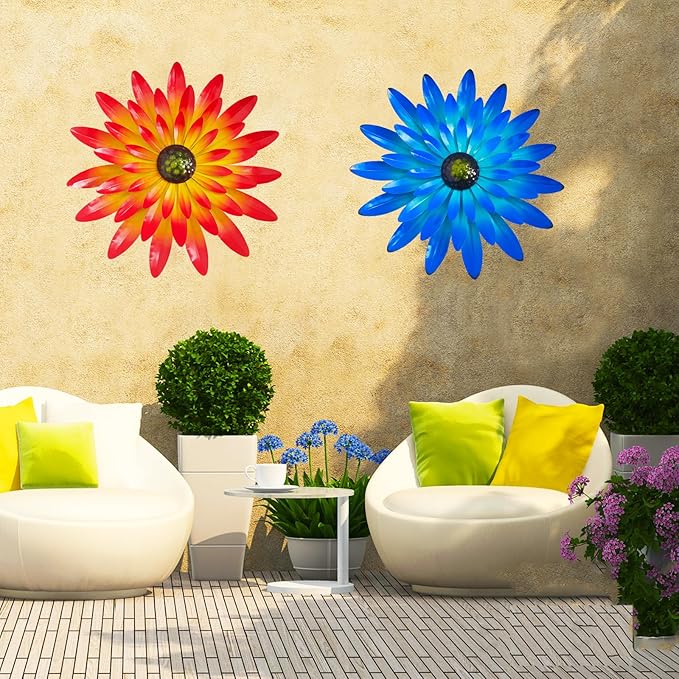 2PCS Metal Flower Wall Decorations - 12 Inch, Orange and Blue, Metal Flower Wall Art Garden Decor Hanging for Indoor and Outdoor