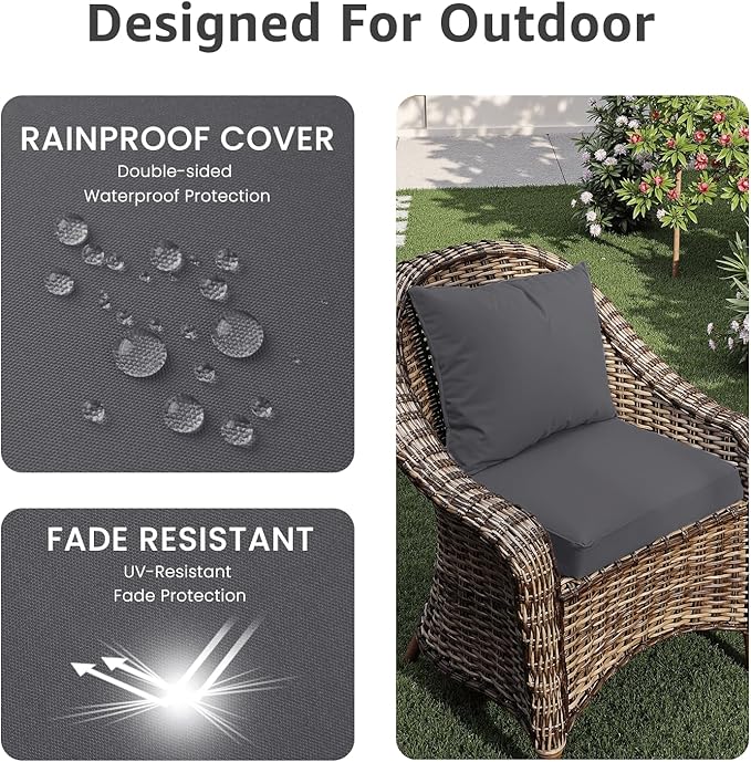 Outdoor Seat Cushion Set 24 x 24 x 4 Inch, Waterproof & Fade Resistant Patio Furniture Cushions with Removable Cover and Ties, Thick Deep Seating Pads for Outside Chair Sofa Couch, Grey