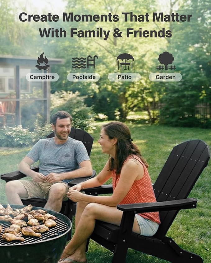 YEFU Adirondack Chair Set of 2, Folding Oversized Plastic Adirondack Chair with Cup Holder, Lawn Chair with Weather Resistant for Outdoor Deck Garden, Weight Capacity Up to 400 Lbs–Black