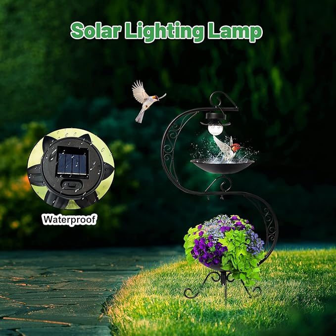 HONGLAND Bird Baths for Outside with Solar Lights, 36" Black Metal Birdbaths for Outdoors, Antique Bird Feeders with Flower Planter Pedestal for Garden, Yard, Patio Decor