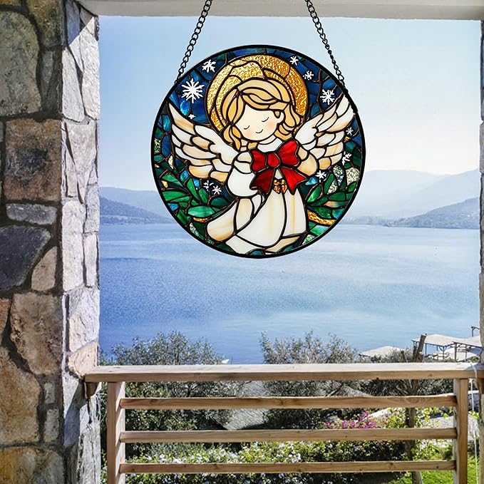 Stained Glass Window Hanging Christmas Cute Angel 6.3" - Green Plant Suncatcher Door Garden Sun Catcher Home Decor Birthday for Mom Men Woman Wife Friend Girl Nana