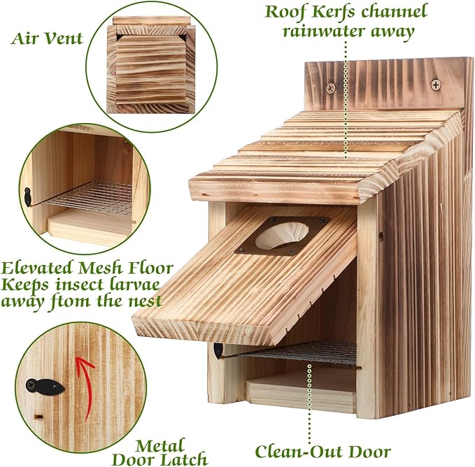 Dreyoo 2 Pack Cedar Bluebird Box Houses for Outside, 1-1/2” Entrance Hole Wooden Bird Houses with Metal Predator Guard, Secure Latch, Fledgling Grooves, Air Vents for Bluebird Wren Swallow Finch