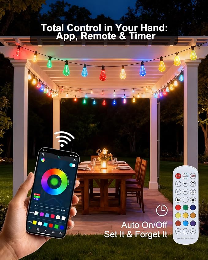 Smart Outdoor String Lights, 50FT RGB Color Changing Patio Lights with Timer, 21-Key RF Remote and Bluetooth App, IP65 Waterproof Shatterproof LED Lights for Backyard Balcony Garden Party Decor