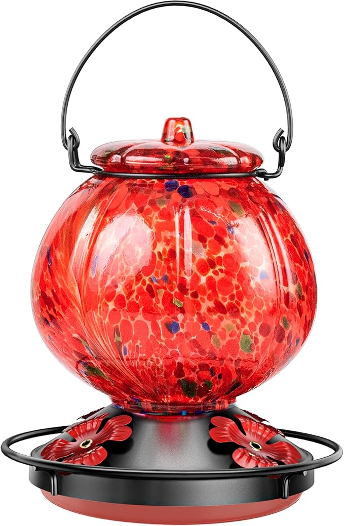 Hummingbird Feeder for Outdoors – Hand Blown Blue Glass Bird Feeder, Leakproof, Easy to Fill & Clean, Decorative Hanging Gift for Garden, Patio, Window, Mom or Gardener 25 Ounces, Red Spotted