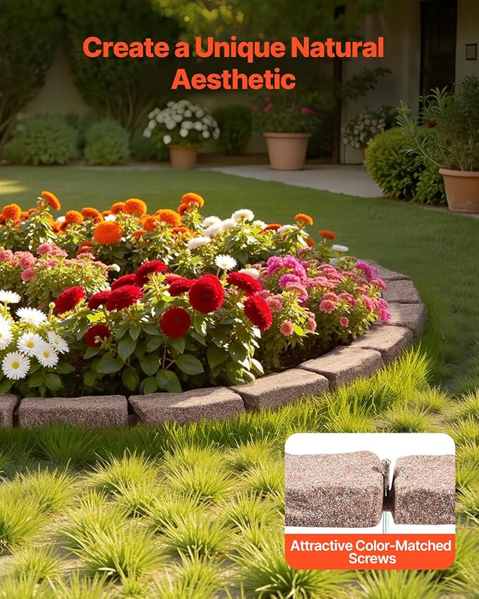 VEVOR Faux Stone Landscape Edging, No Dig Garden Edging Border, Flexible Blocks for Lawn Edging, Flower Beds, Driveway, Yards with 12 Spikes, 4 Pack 24 Bricks 16FT Kit, 46.5" Lx 3.7" W x 2.2" H, Brown