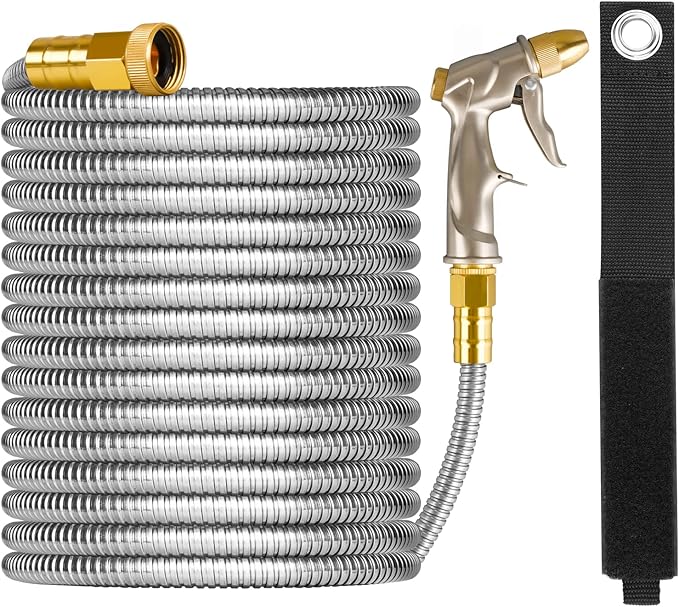 125ft Garden Hose Made by Metal with Super Tough and Soft Water Hose, Household Stainless Steel Hose, Durable Mighty Garden Hose with 4 Spraying Modes Adjustable Nozzle, No Kinks and Tangles