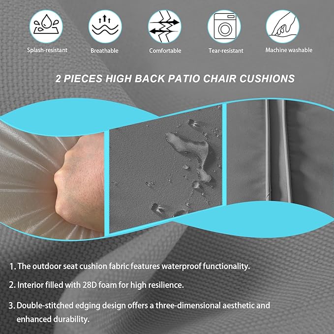 2 Pieces High Back Patio Chair Cushions, Fade Resistant Outdoor Rocking Chair Cushions, Office Chair Back Support Cushion (Dark Gray, Seat (21''x21''x3'')+Backrest (21''x28''x3''))