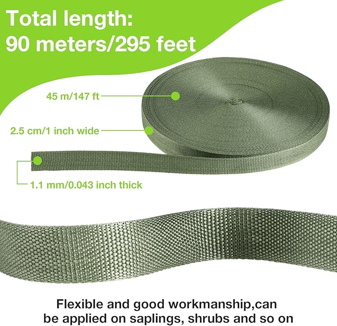 Shappy Tree Tie Strap Garden Webbing Strap Garden Plant Supports Tree Tie Staking for Outdoor Use, Plant Supports, Grafting, Straightening Supplies(Olivine,295 Feet x 1 Inch)