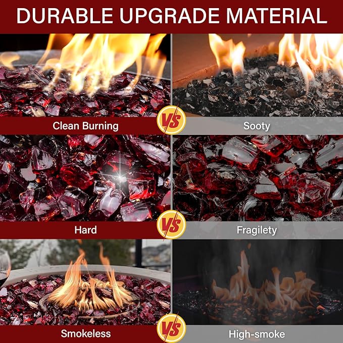 NUPICK 5 Pound Fire Glass, 1/2 Inch Shiny Fire Pit Glass, Tempered Firepit Glass Rock for Propane or Natural Gas, Glass Rocks for Fire Pit Table, Fireplace Glass for Landscaping, Red