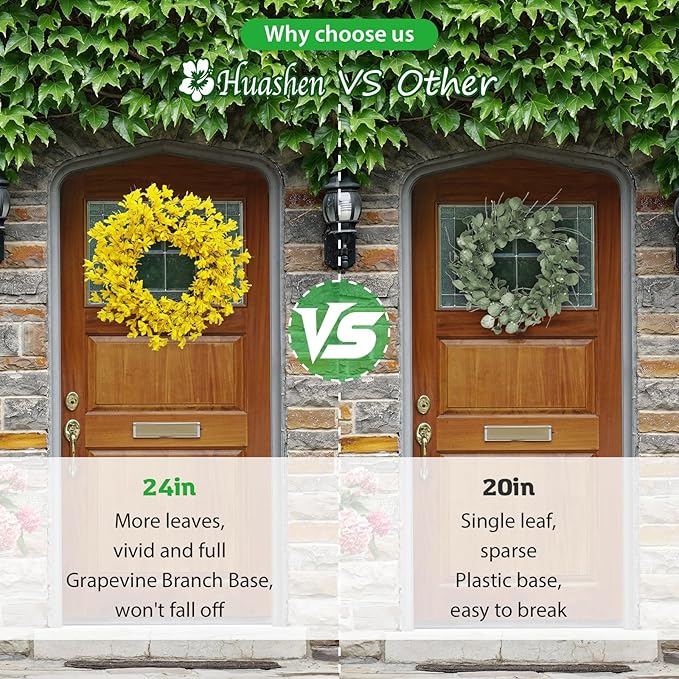 Huashen Spring Wreaths for Front Door, 24 Inch Yellow Forsythia Spring Door Wreath, Farmhouse Spring Door Wreaths on Grapevine for Celebration Wall Window Decoration Hanging