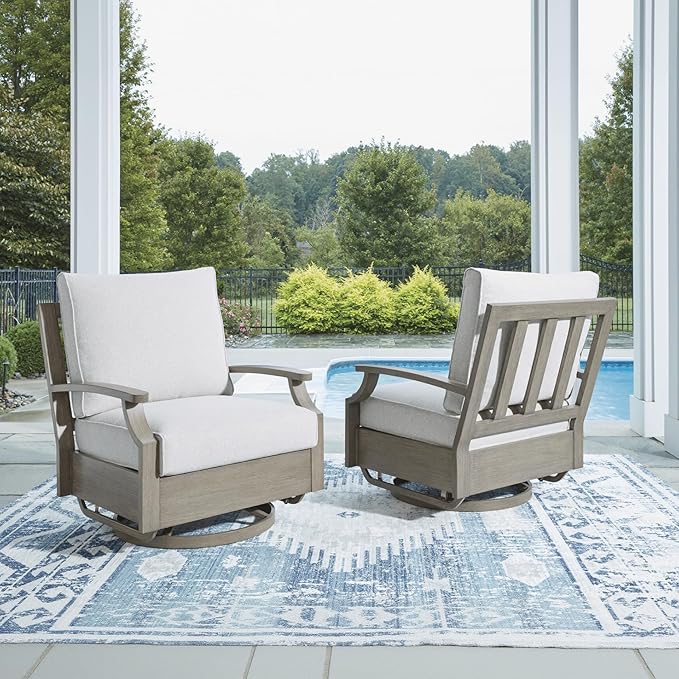 Signature Design by Ashley Rainier Ranch Contemporary Nuvella Weather Resistant Fabric Outdoor High Back Swivel Glider Chair with Cushion, Light Brown & Beige