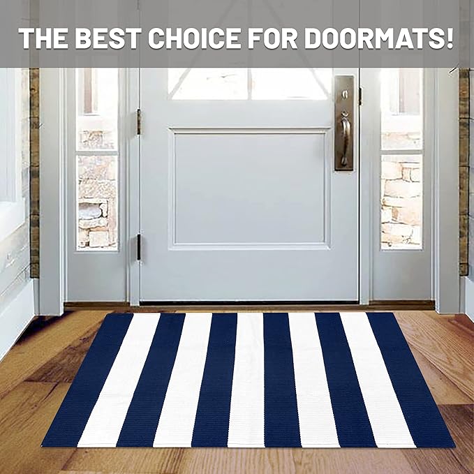IOHOUZE Navy White Striped Rug -27.5" X 43" Front Door Mats Outdoor,Washable Rug for Front Porch Decor,Spring Summer Welcome Mats Outdoor Indoor, Doormat for Farmhouse/Entryway/Home Entrance