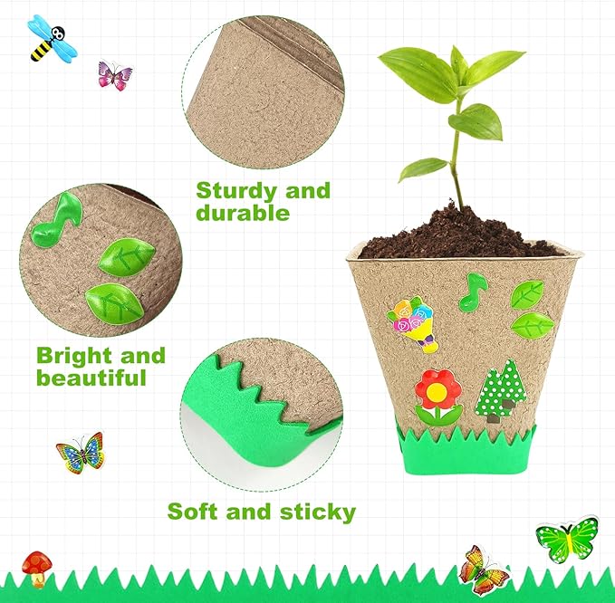 40 Set Garden Paper Pot Craft Kit, Seed Starter Pots with Adhesive Foam Stickers and Pot Labels, Seed Starter Pots for Kids Spring Summer Early Graduation DIY Crafts