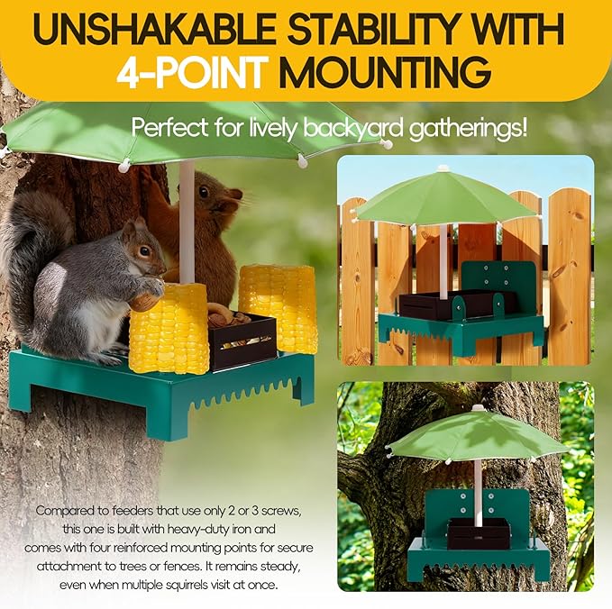 Metal Squirrel Feeder Picnic Table with Umbrella - Heavy Duty Iron Outdoor Chipmunk Feeder, Rust Resistant Corn Cob Holder, Funny Backyard Wildlife Gift for Nature Lovers. (Green)