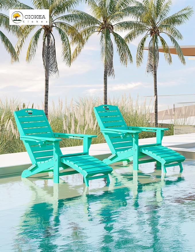 Ciokea Folding Adirondack Chair with Retractable Ottoman Fire Pit Patio Chair with Pull Out Foot Rest Weather Resistant Lawn Outdoor Lounge Chair with 2 Cup Holder (Lake Blue)