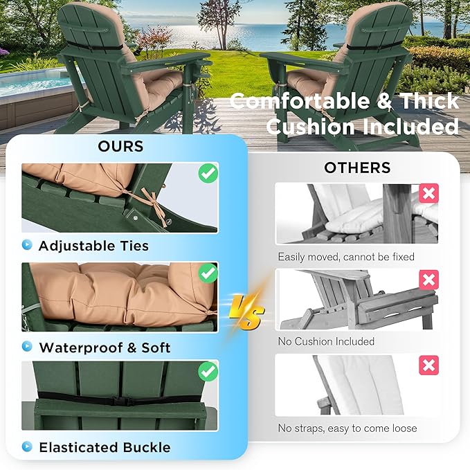 nalone Folding Adirondack Chair with Cushion with Cup Holder, HDPE Plastic Oversized Patio Chair Weather Resistant, Used in Outdoor, Fire Pit, Deck, Garden, Campfire Chairs (Green)