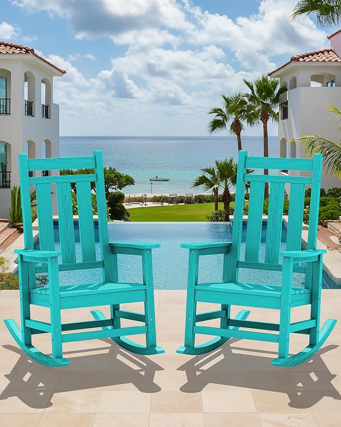 KINGYES Oversized Outdoor Rocking Chair, All-Weather Patio Rocking Chairs for Porch, HDPE Outdoor Patio Rockers with High Back & Wide Seat for Garden, Lawn, Aruba