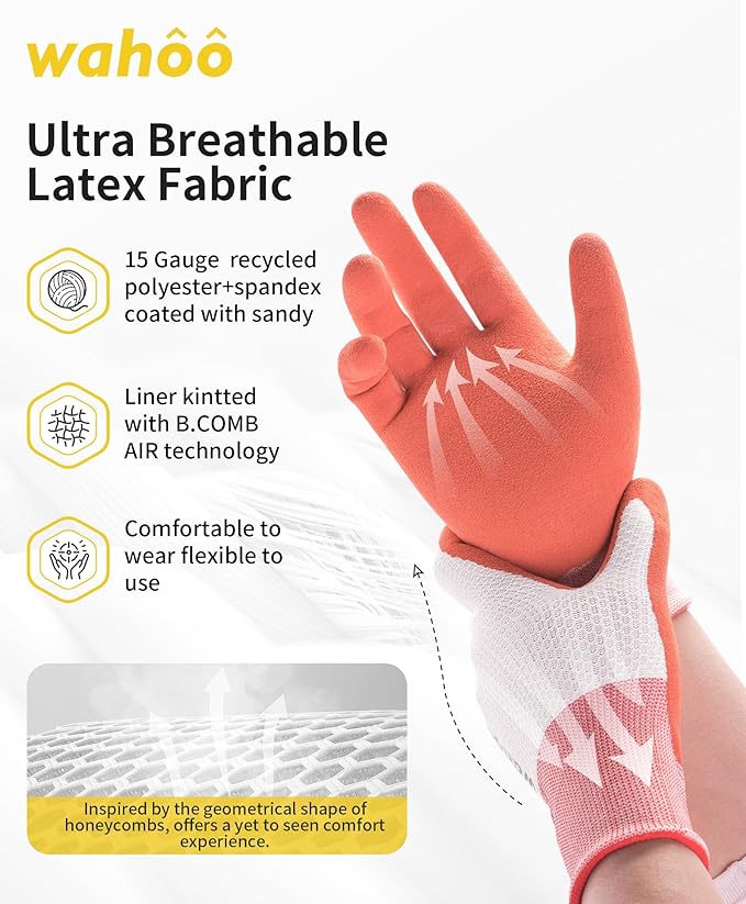wahoo Gardening Gloves for Women, Garden Gloves with Latex Palm Coated, Breathable B.COMB AIR Technique, Pureed Pumpkin & Azure Blue, Large, 2 Pairs