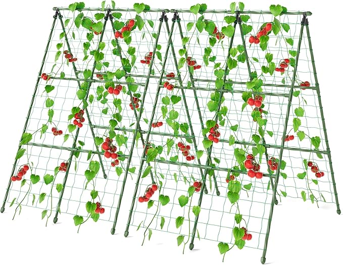 Miory Cucumber Trellis for Raised Beds, 2 Pack 32 x 48 Inch Metal A-Frame Garden Trellis, Connectable to 63 Inch Length, Climbing Plant Support with Netting for Cucumber Tomato Bean Pea