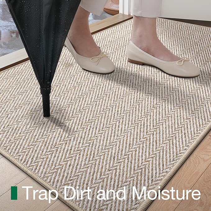 LUMI Ultra Thin Indoor Door Mat for Entrance 17"x30", Non Slip Entryway Mat, Low Profile Doormat, Unique Herringbone Design Carpet for Inside, Patio, Porch, Beige