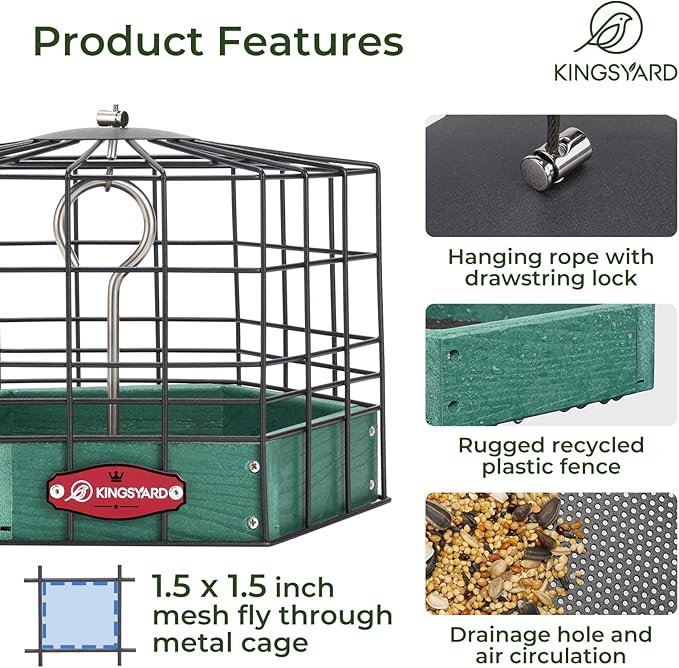 Kingsyard Squirrel Proof Platform Bird Feeders for Outdoor Hanging, 10" Wide Metal Caged Bird Feeder for Small Wildbirds Finches, Recycled Plastic Feeding Platform with Metal Seed Tray, Green