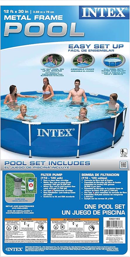 Intex 12ft x 30in Metal Frame Above Ground Round Family Swimming Pool Set & Pump