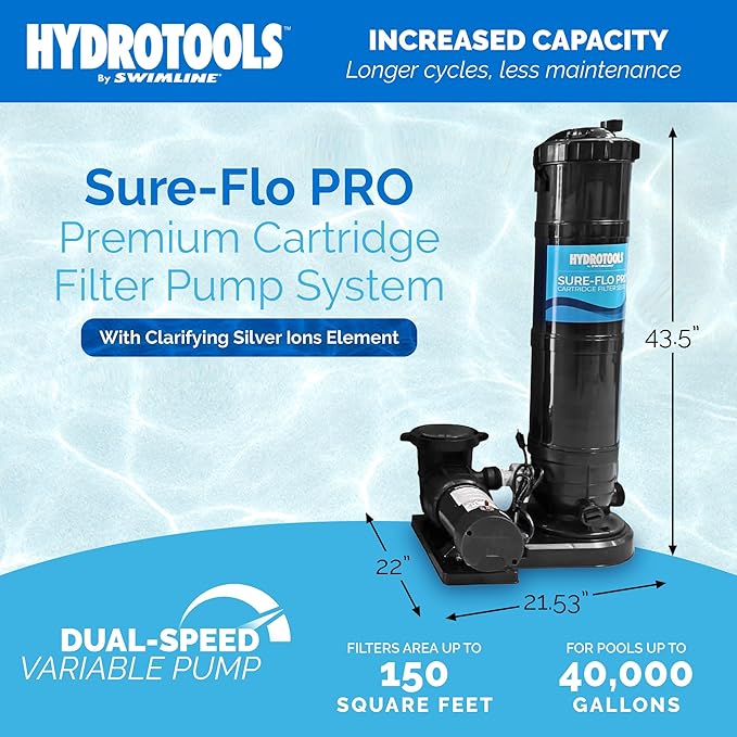 SWIMLINE HYDROTOOLS Pool Cartridge Filter Pump System For Above Ground & Inground Pool | 150 SQ FT | VARIABLE DUAL 2-SPEED 1 .5HP 5820 GPH | For Pools Up To 40000 Gallon | Silver Ion Element & Timer