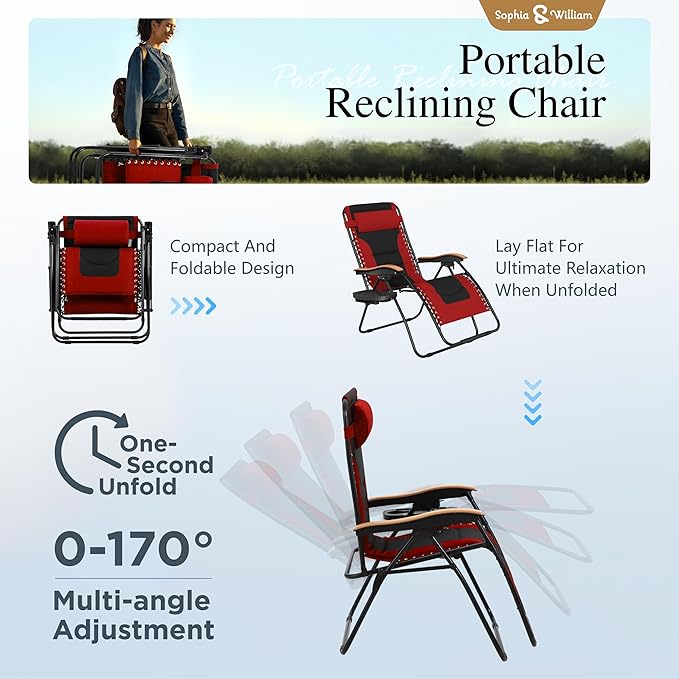 Sophia & William Oversized XXL Zero Gravity Chair, Padded Recliner Outdoor Gravity Chair with Free Cup Holder, Supports 400 LBS (Red)