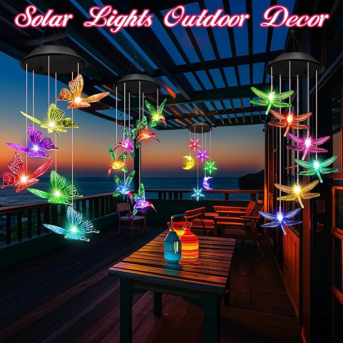 Valentines Day Gifts for Her Mom Grandma, Birthday Gardening Gifts for Women, Winzwon Solar Lights Outdoor Wind Chimes for Garden Yard Patio Porch Decor Hanging Butterfly Decorations