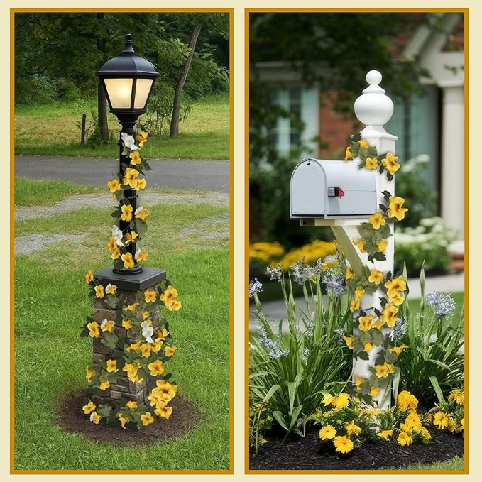 CISDUEO 2 Pcs Artificial Vines for Outdoors Silk Morning Glory Garland 11.5 Ft Hanging Flowers Plants Yellow and White Fake Petunias Vines for Indoor Home Decor Wall Fence Mantle Stairway Mailbox