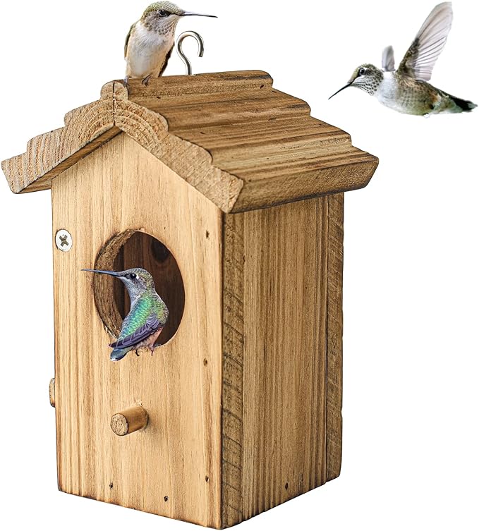 Hummingbird House for Outside Hanging, Mini Wood Birdhouse specifically for Hummingbird, Small Bird Nesting Box with Perch, Weather-resistant outdoor birdhouse, Dimensions:3.3*4.1*5.9 inch