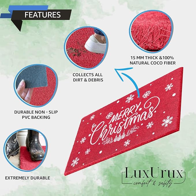 LuxUrux Merry Christmas Door Mat Outdoor 30x17 Inch - Elegant Winter Holiday Coir Doormat, Absorbent and Non-Slip for Outdoor Entrances Front Door.