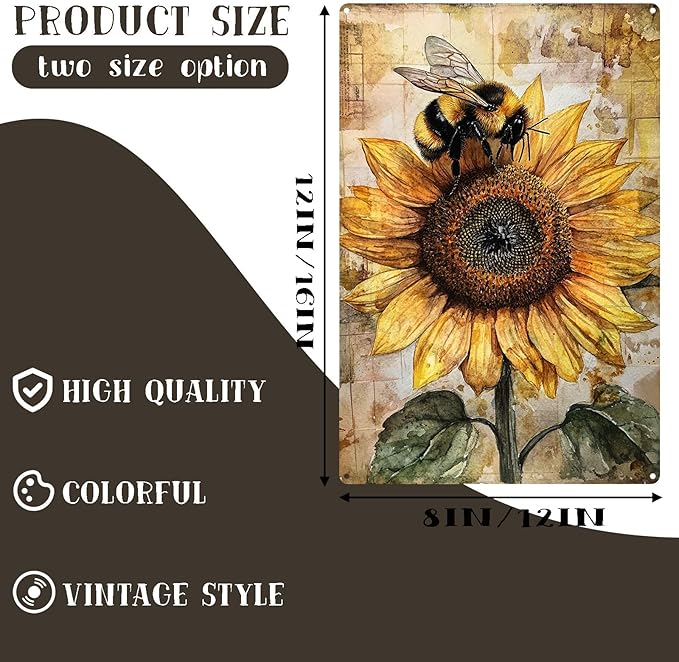 Vintage Garden Metal Tin Signs Bee Sunflower Funny Tin Sign Rustic Indoor Outdoor Wall Decor for Home Garden Yard Farmhouse Greenhouse Patio Porch Bar 8×12 Inch