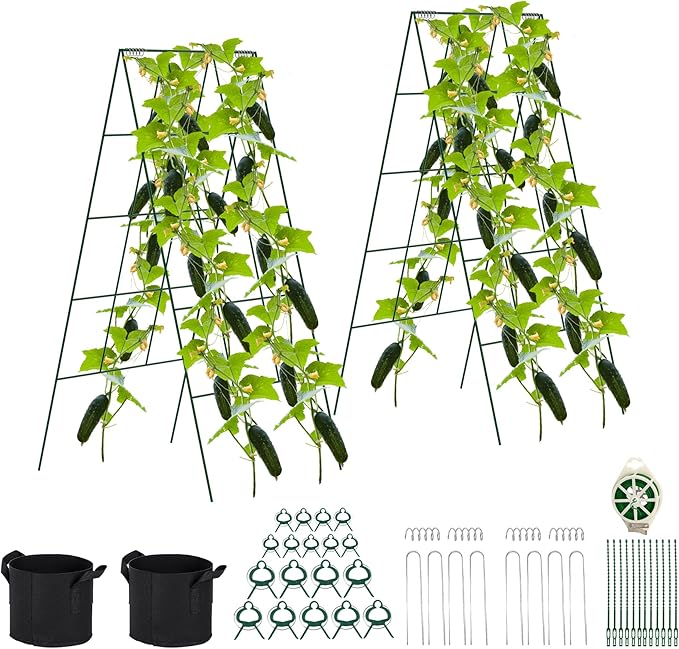 2 Pack Foldable Cucumber Trellis, 46" L X 18" W A-Frame Garden Trellis, Steel Climbing Plants Support Raised Bed Trellis with Twist Ties & Plant Bags for Climbing Plants Outdoor