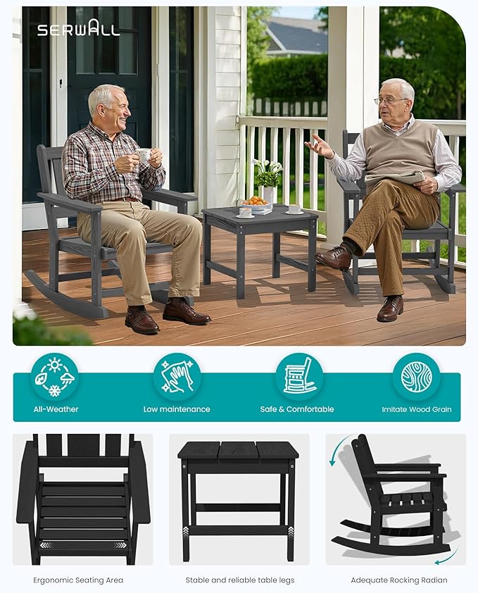 SERWALL Outdoor Rocking Chair Set of 2 with Side Table, All-Weather HDPE 3 Piece Patio Furniture Set, Outdoor Bistro Set with Pre-Drilled Umbrella Hole for Porch Deck Lawn Balcony, Black