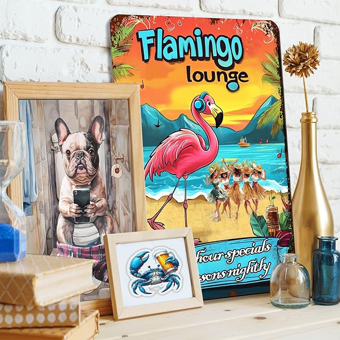 Flamingo Lounge Tropical Bar Sign - Hawaiian Beach Party Decor,Funny Pub Sign for Home, Poolside or Party Wall Art 8x12 Inch