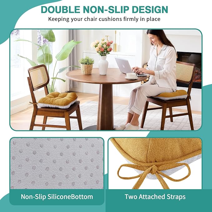 BETU Chair Cushions for Dining Chairs Set of 4,3.5" Thick Kitchen Table Chair Pads with Ties,Non Slip Backing and Covers, Seat Cushion for Dining Room,Bar,Patio Chairs,16"X16"X3.5",Yellow
