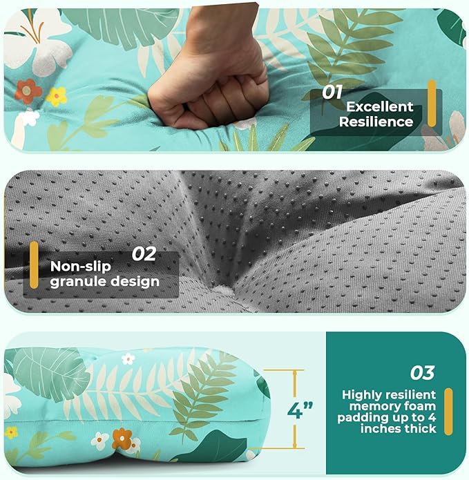 All Weather Chaise Lounge Cushions Outdoor Lounge Chair Cushion, Memory Foam Chaise Lounger Chair Cushion Waterproof for Outdoor Patio Furniture with Non-Slip Back and Ties, Cyan Floral Leaf