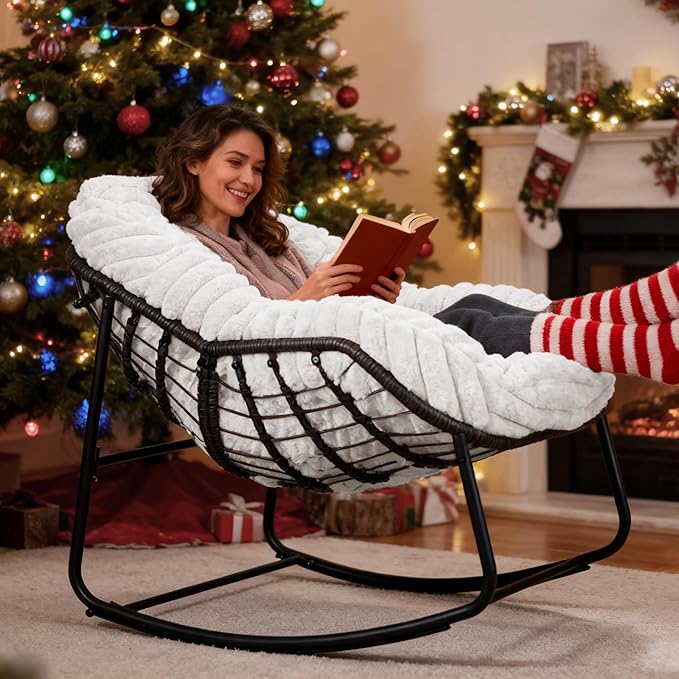 Outdoor Rocking Chair, Patio Wicker Egg Chair, Indoor Comfy Oversized Papasan Chair with Padded Cushion, Royal Rattan Rocker for Front Porch, Garden, Patio (White)