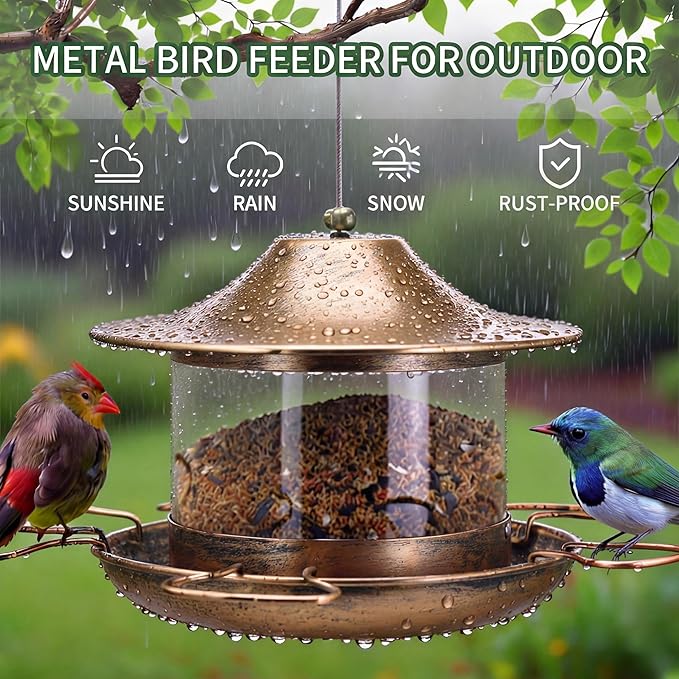 Bird Feeder for Outdoors Hanging, Heavy Duty Metal Bird Feeder for Wild Birds, 4.5Lbs Large Capacity Weatherproof Birdfeeder for Outside Garden Yard,Easy to Clean and Fill, (Bronze)
