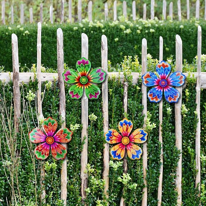 Giyyomtr Metal Flowers Wall Decor - 4pcs 6.2'' Metal Wall Art Hanging Decorations for Outdoor Fence Garden Yard Patio Decor, Gift for Mom Friends
