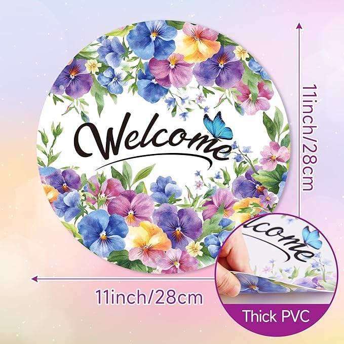 1 Pc Summer Floral Welcome Door Sign, Pansy Flower Butterfly Door Hanging Sign, Spring Summer Holiday Farmhouse Home Porch Window Decor, 11 x 11 inches