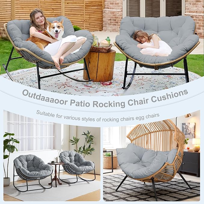 Outdoor Rocking Chair Cushion – Waterproof Wicker Egg Chair Replacement Pad, Thick Papasan Seat Cushion with Ties for Indoor & Outdoor Patio, Porch, Balcony, or Garden (Light Gray)
