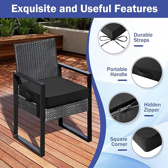 Patio Chair Cushions, 19" x 19" x 3" Outdoor Chair Cushions Set of 4, Waterproof Outdoor Cushions for Patio Furniture, Outdoors Seat Cushions Set of 4 with Handle and Ties, Black