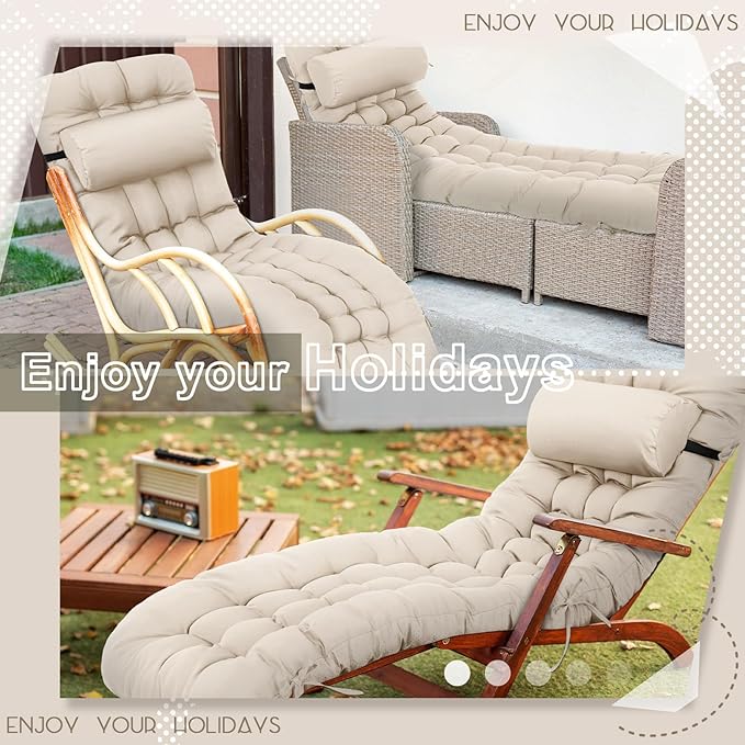 Tudomro 2 Pcs Light Beige 66'' Outdoor Chaise Lounge Cushion Waterproof Patio Lawn Pool Chaise Lounge Cushion with Headrest Pillow & Ties Weather Fade Resistant Replacement Longue Chair Pad